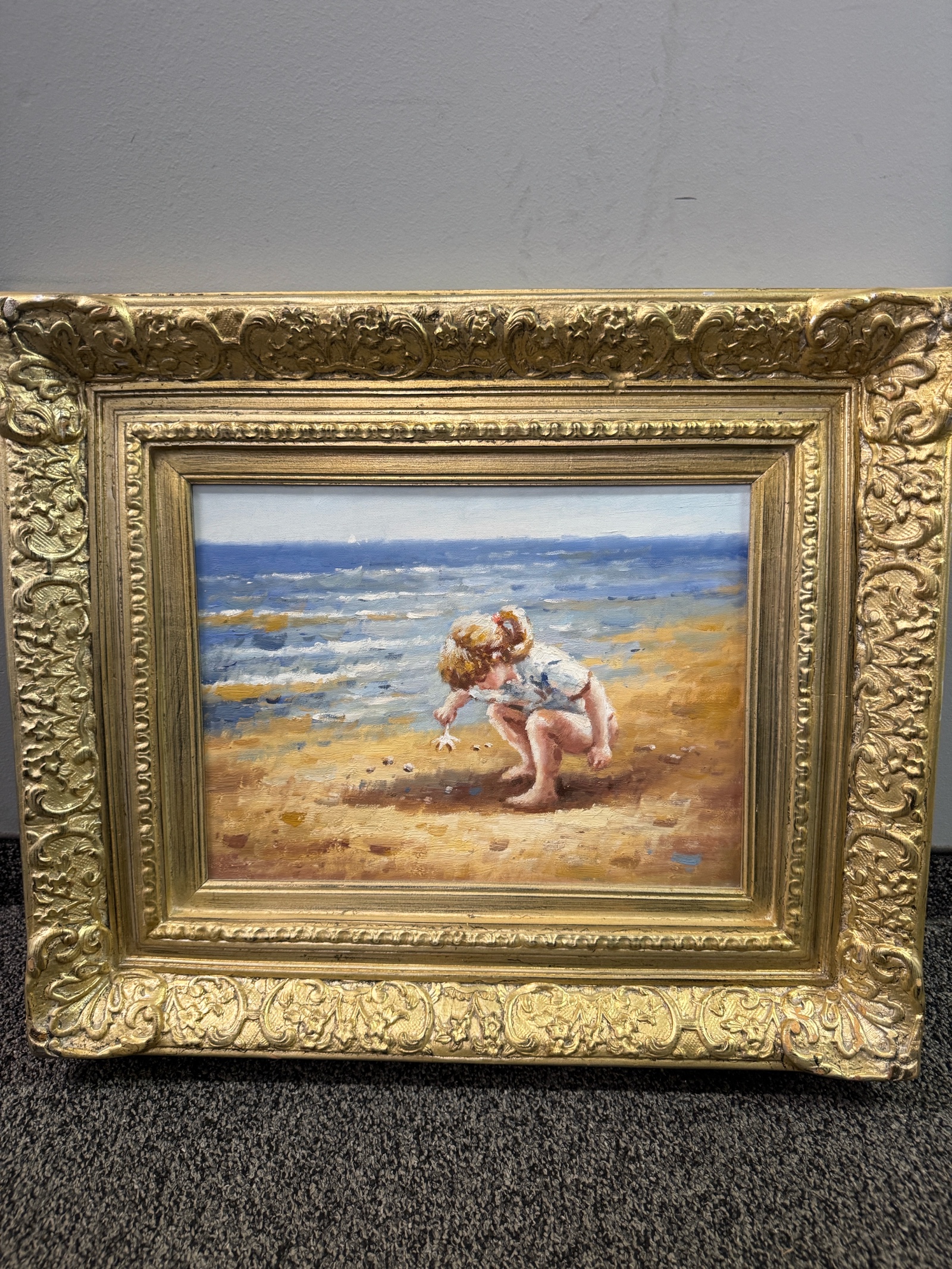 Original Oil Painting Girl with a Starfish on the Beach